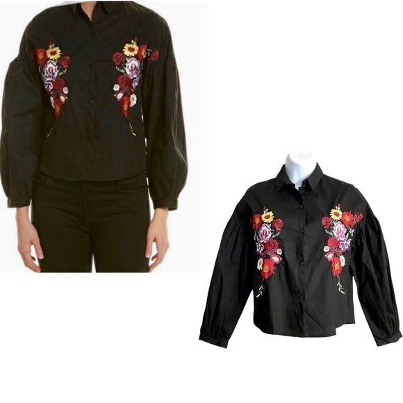 Haute Rouge Black Floral Blouse M/L Cropped Button-up Cotton Boho Embroidered - Picture 1 of 12